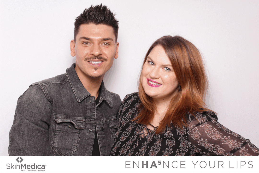 Skin Medica GIF Booth with Animated Overlay A man and woman blow kisses at each other in an animated GIF