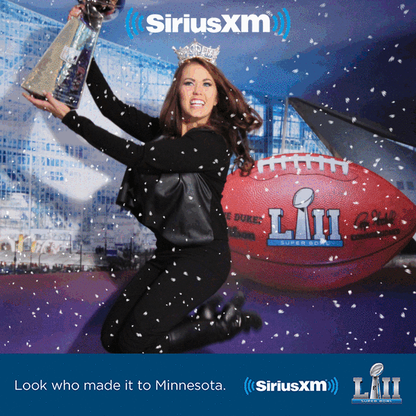 Bullet time camera array GIF of a beauty queen jumping in the air while holding the Vince Lombardi Trophy in the Sirius XM Photo Booth at the Super Bowl in Minnesota