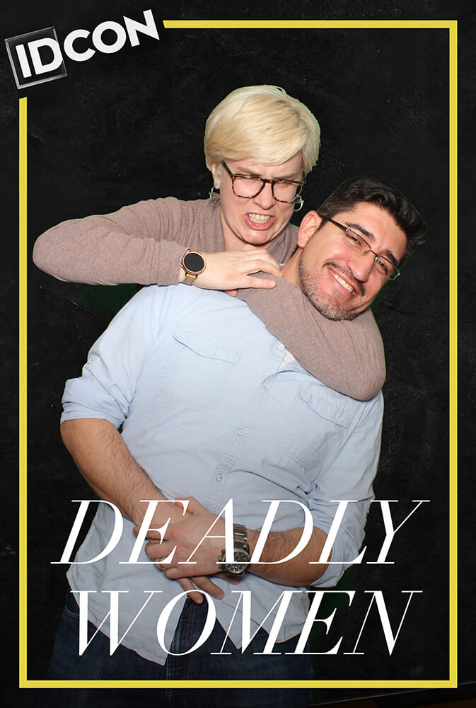 Deadly Women at IDCon A woman squeezes a man in a headlock at IDCon with a caption that reads "Deadly Women"