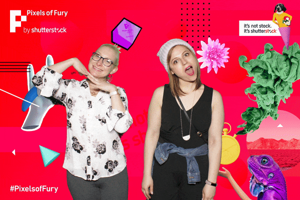 Pixels of Fury Green Screen Photo Booth Two women in a green screen image with an animated background at Pixels of Fury by Shutterstock